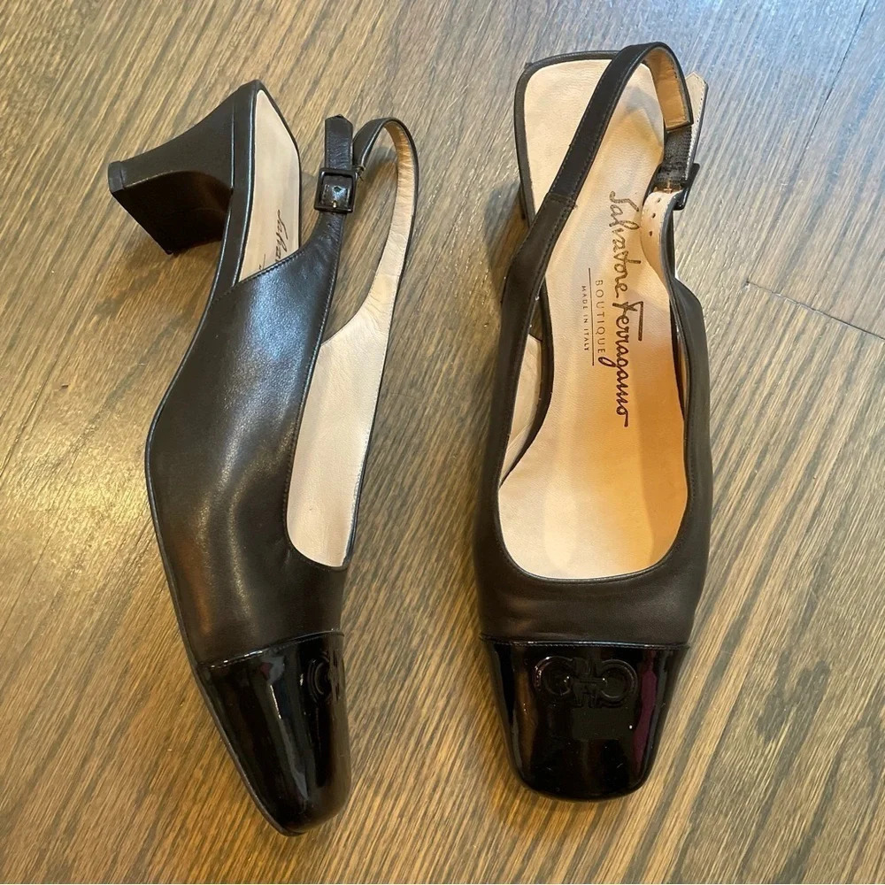 FERRAGAMO Gancini square-toe slingback black Leather pumps 7.5 C